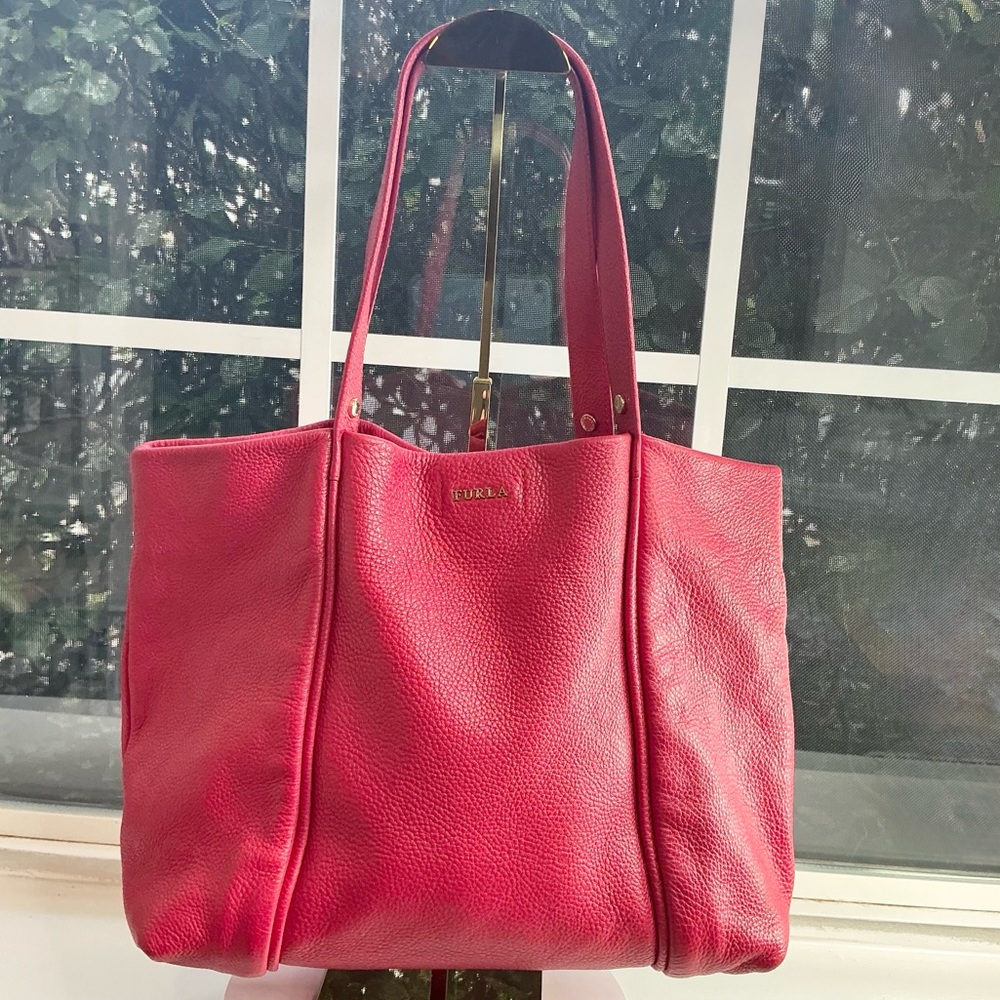 Furla Suede-Interior Leather Tote – Red with Gold Hardware